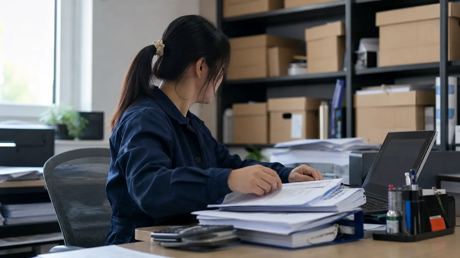 单证专员在办公室审核贸易文件